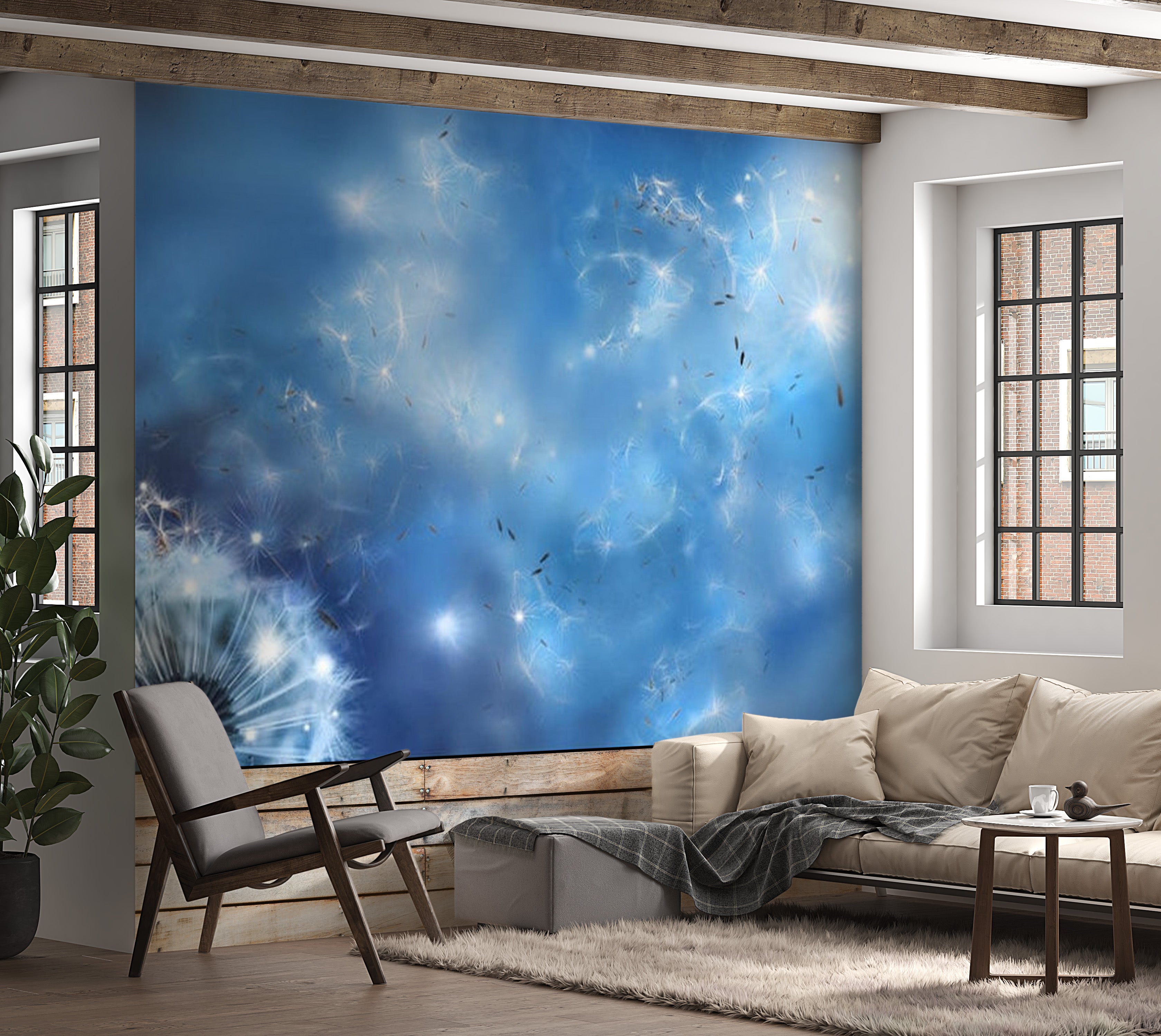 Floral Wallpaper Wall Mural - Blue Dandelion Magic