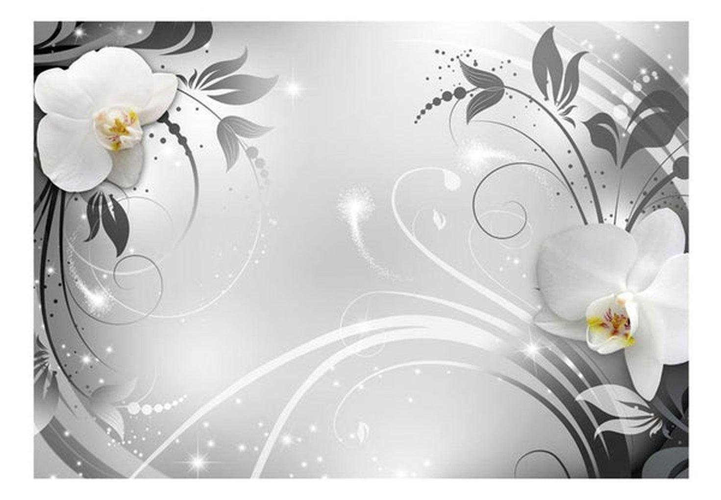 Floral Wallpaper Wall Mural - Orchids On Silver