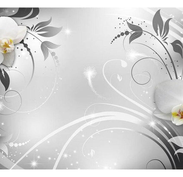 Floral Wallpaper Wall Mural - Orchids On Silver