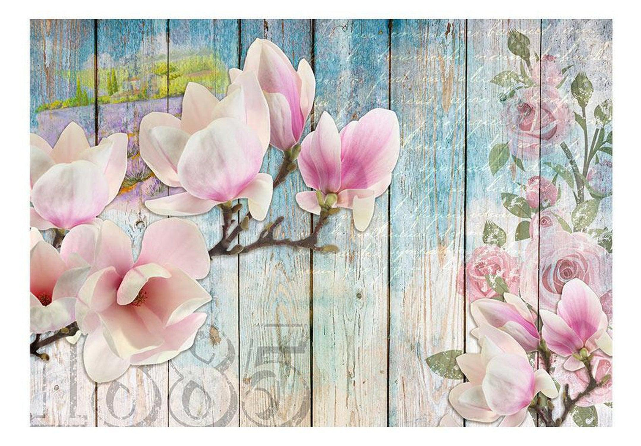 Floral Wallpaper Wall Mural - Pink Flowers On Wood