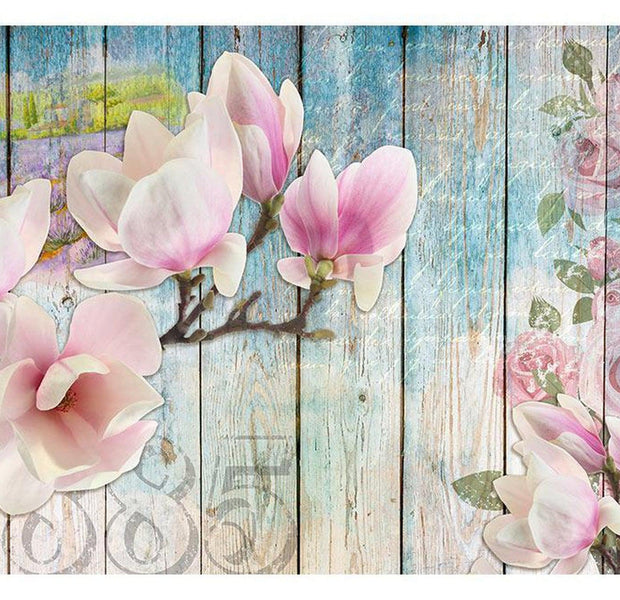 Floral Wallpaper Wall Mural - Pink Flowers On Wood