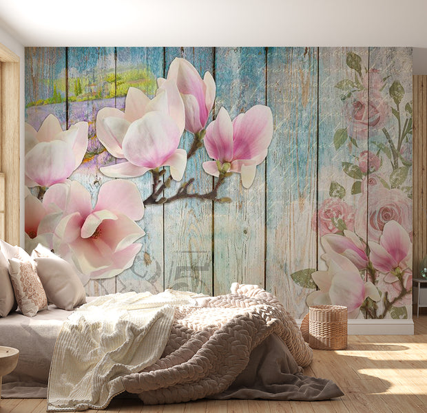 Floral Wallpaper Wall Mural - Pink Flowers On Wood