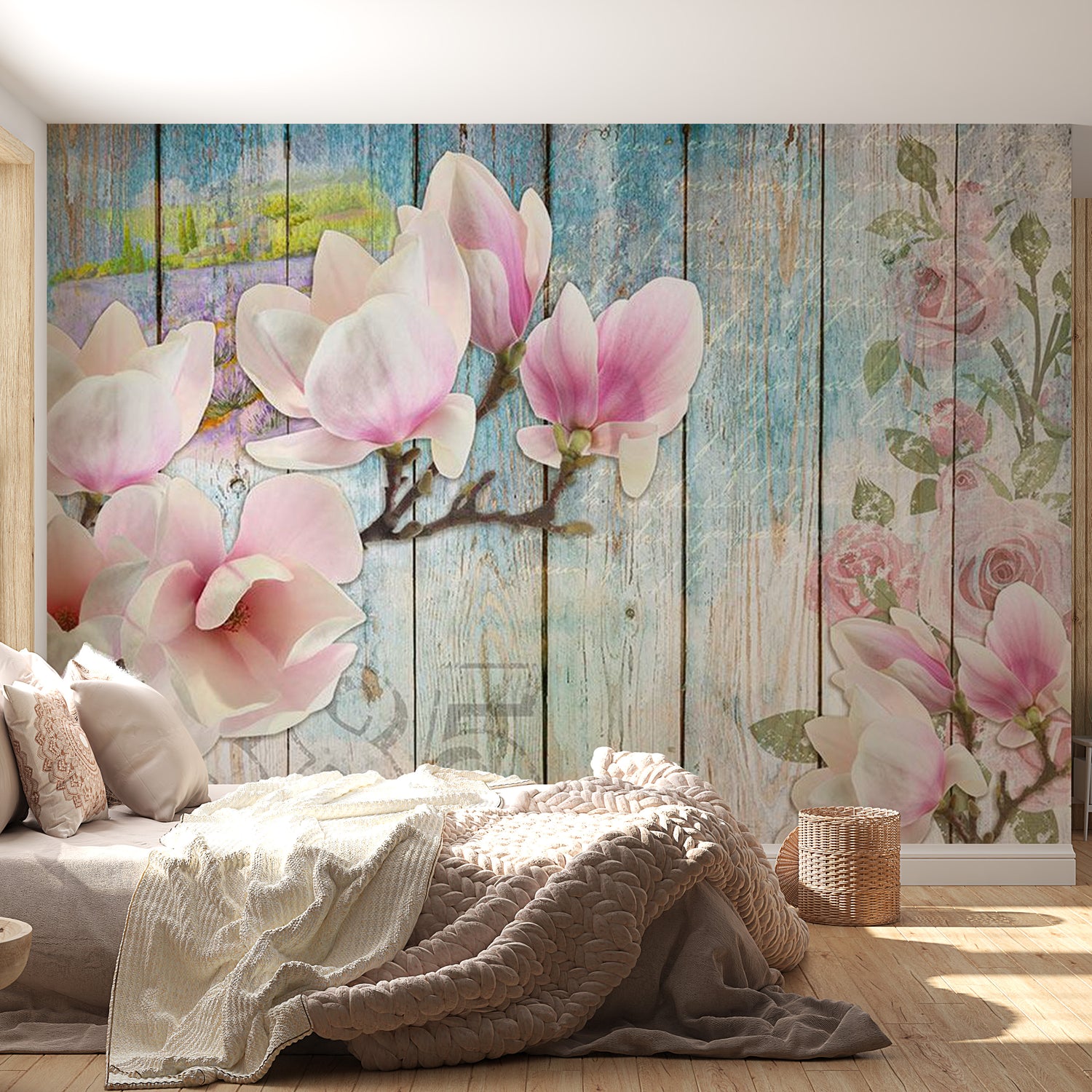 Floral Wallpaper Wall Mural - Pink Flowers On Wood