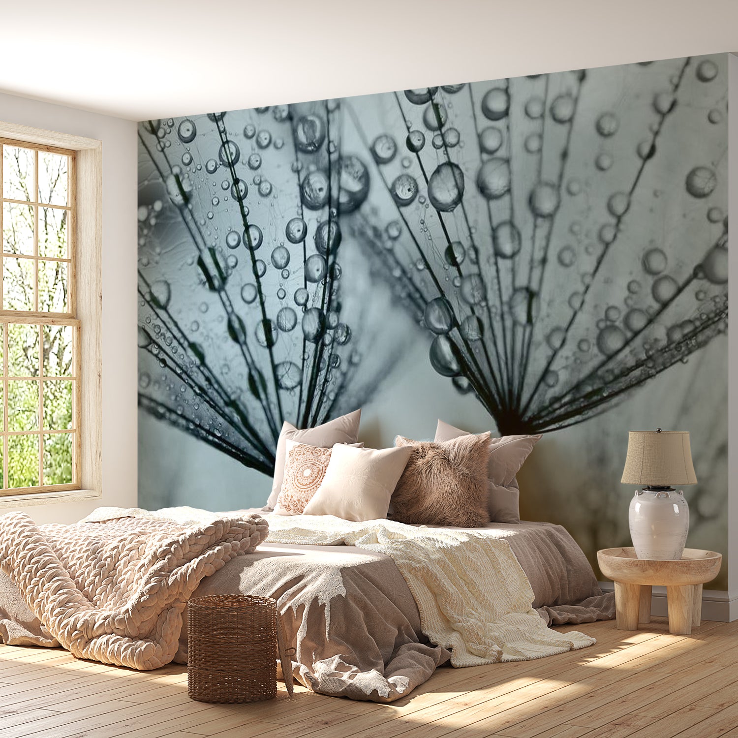 Floral Wallpaper Wall Mural - Dandelion Raindrops