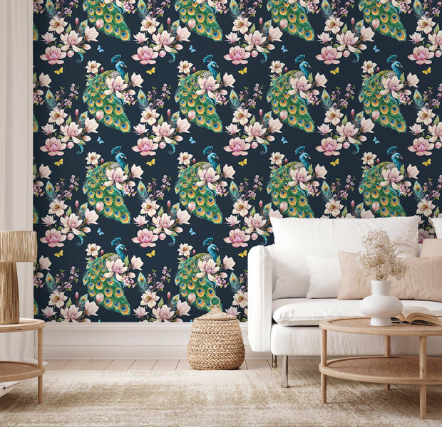 Repeating Wallpaper Roll - Magnolias And Peacocks