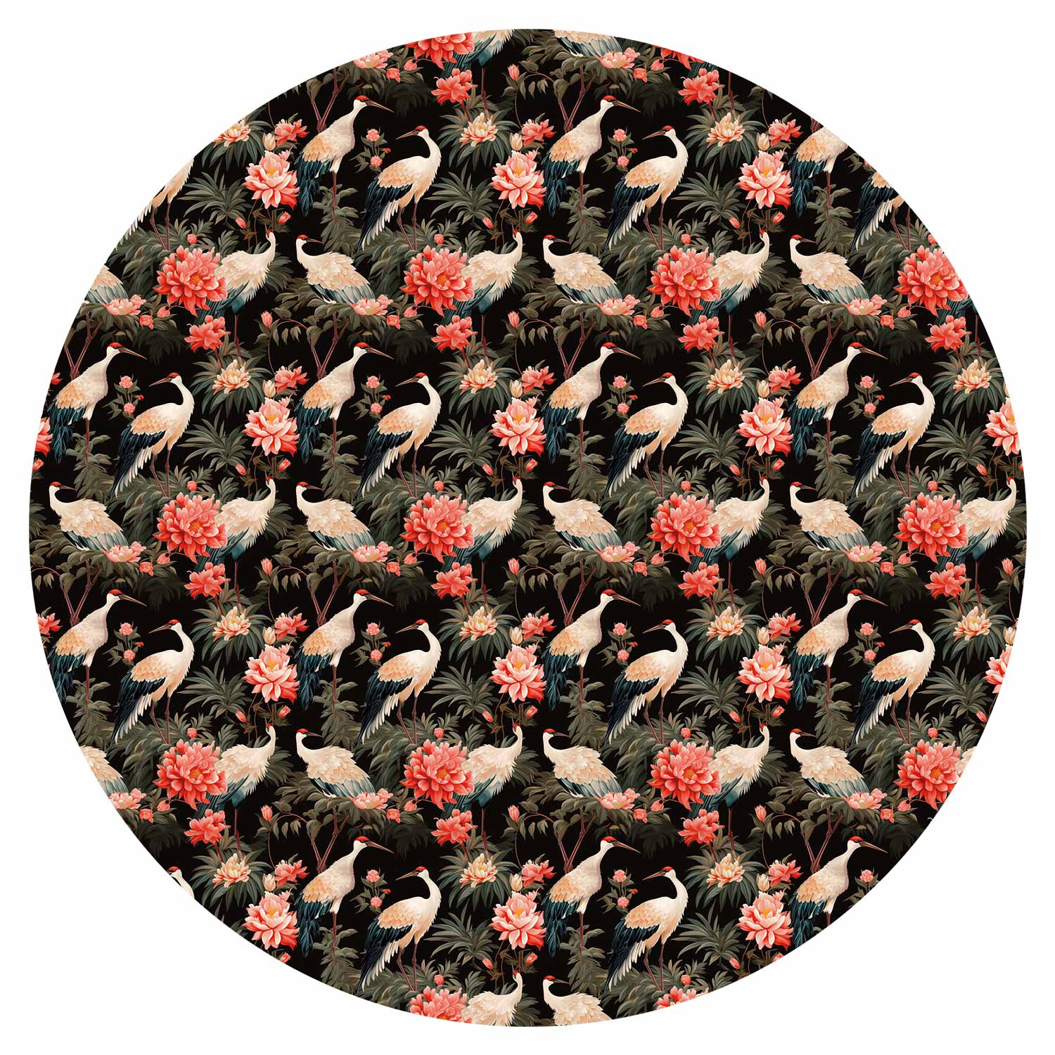 Round Wall Mural - Ornament With Birds – Silhouettes Of Cranes And Peony Flowers On A Dark Background