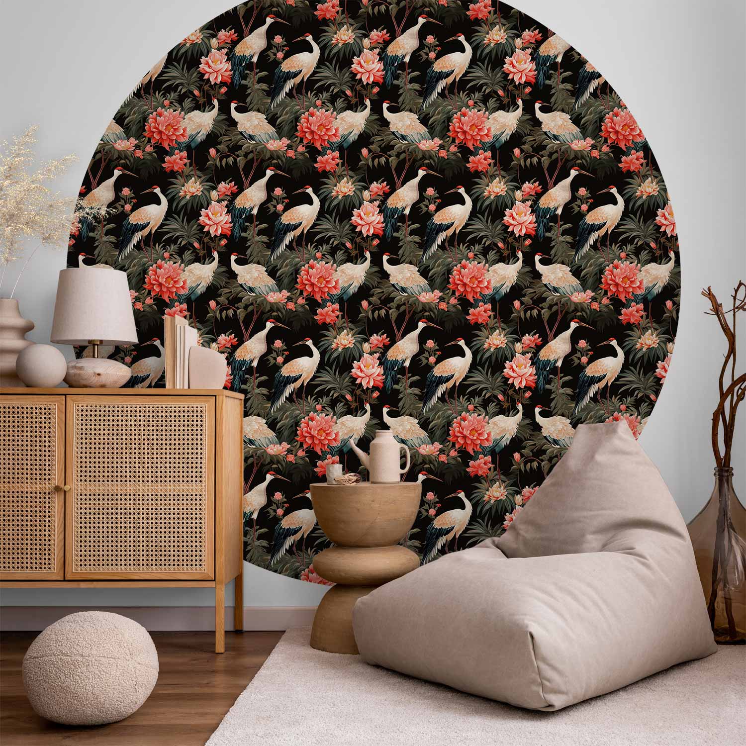 Round Wall Mural - Ornament With Birds – Silhouettes Of Cranes And Peony Flowers On A Dark Background