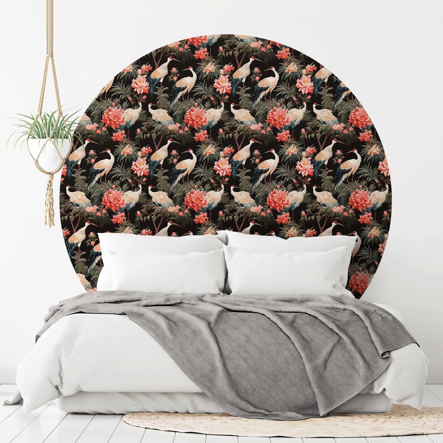Round Wall Mural - Ornament With Birds – Silhouettes Of Cranes And Peony Flowers On A Dark Background