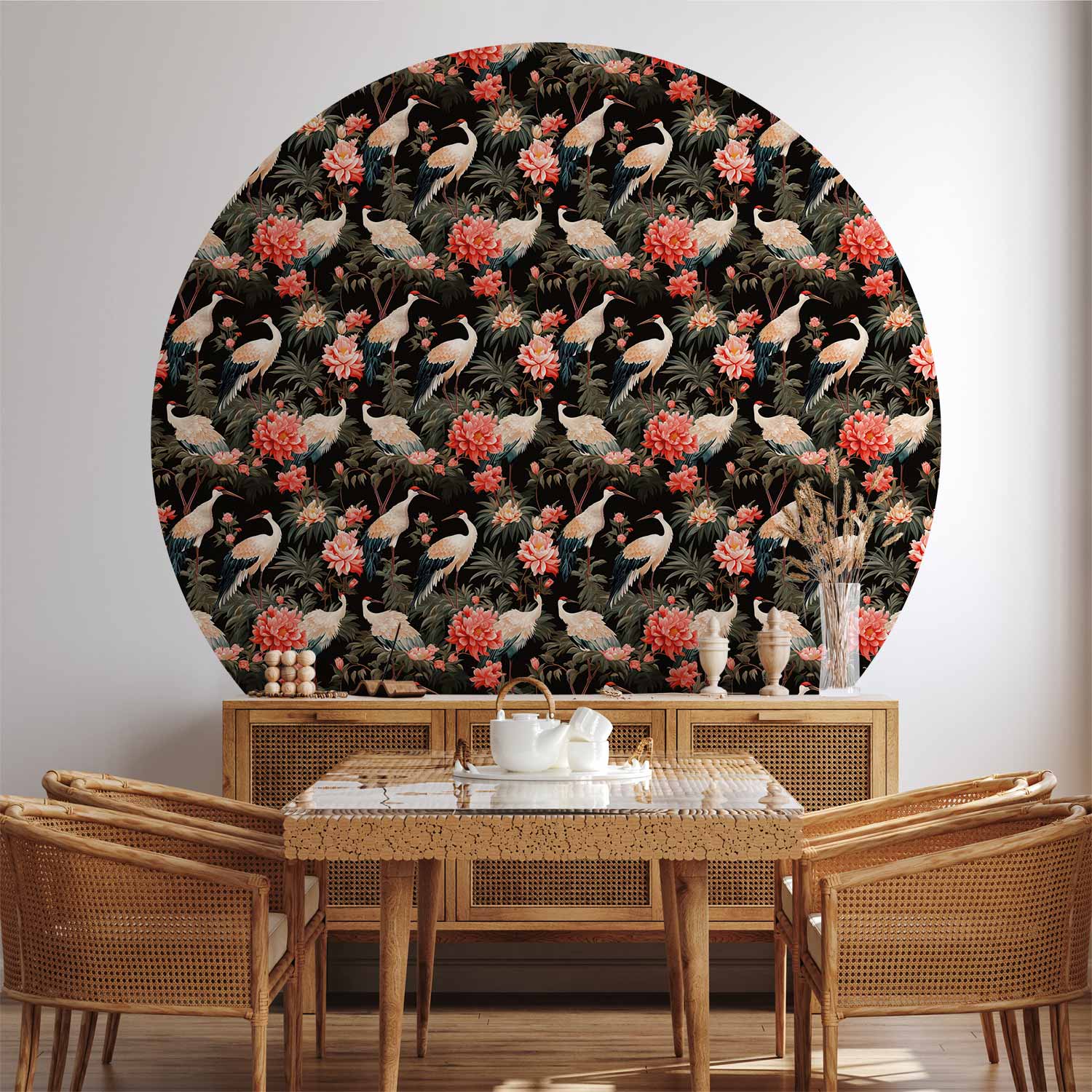 Round Wall Mural - Ornament With Birds – Silhouettes Of Cranes And Peony Flowers On A Dark Background