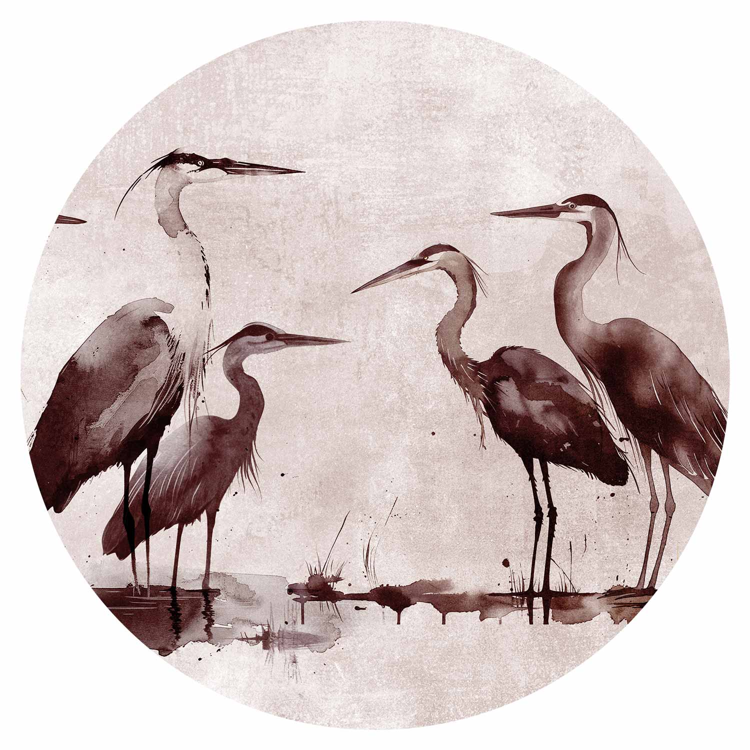 Round Wall Mural - Herons Painted With Ink