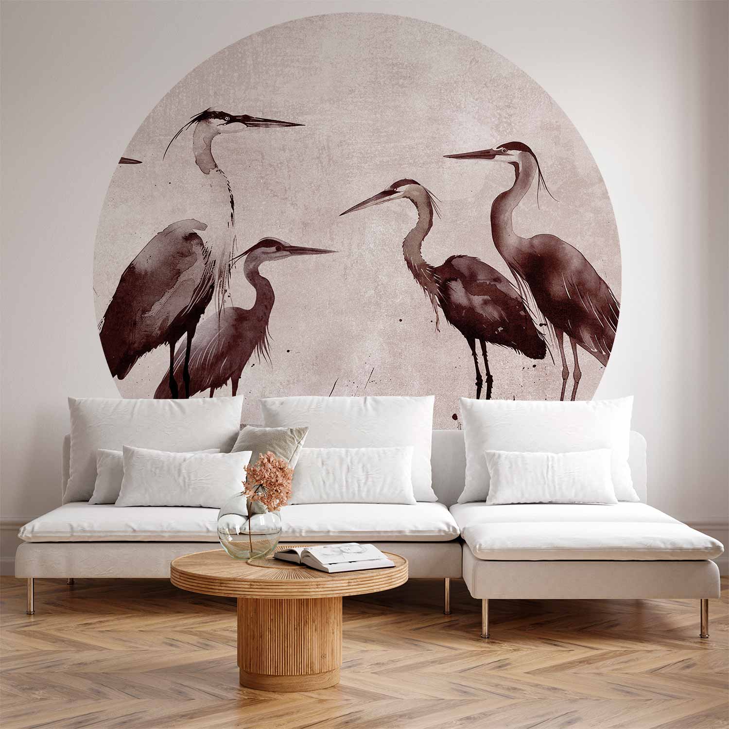 Round Wall Mural - Herons Painted With Ink