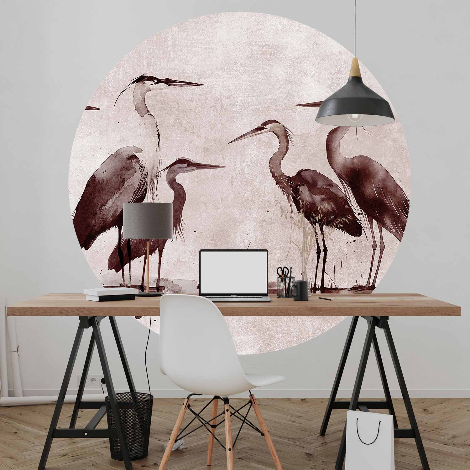 Round Wall Mural - Herons Painted With Ink