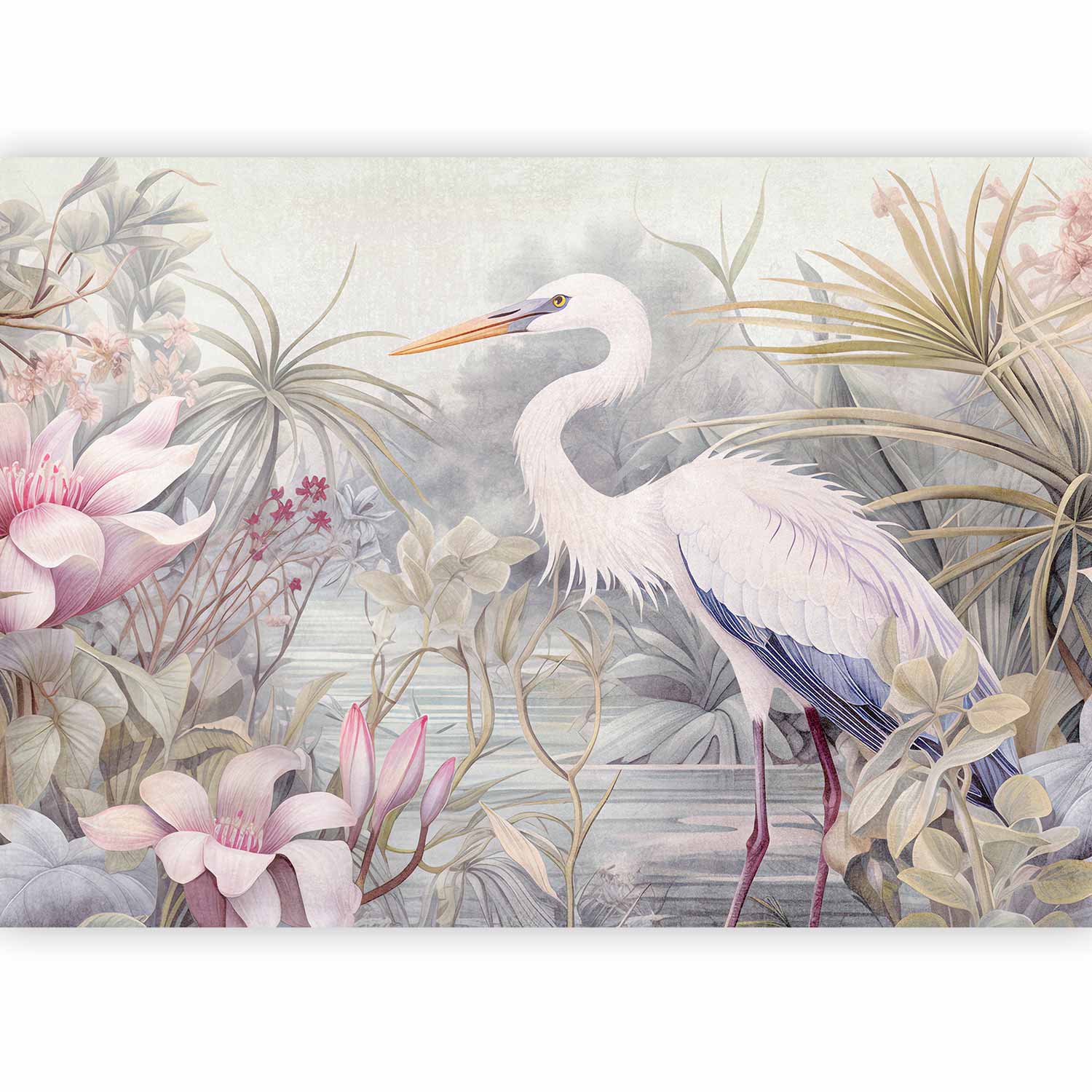 Premium Animal Wall Mural - Heron Wading In A Pond - Illustration In Bright Colours