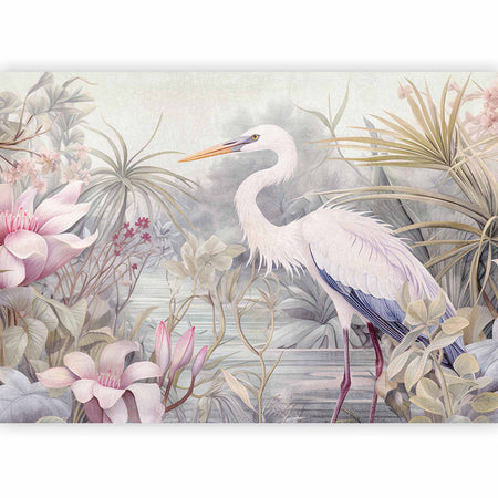 Premium Animal Wall Mural - Heron Wading In A Pond - Illustration In Bright Colours
