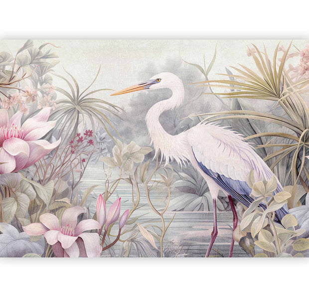 Premium Animal Wall Mural - Heron Wading In A Pond - Illustration In Bright Colours