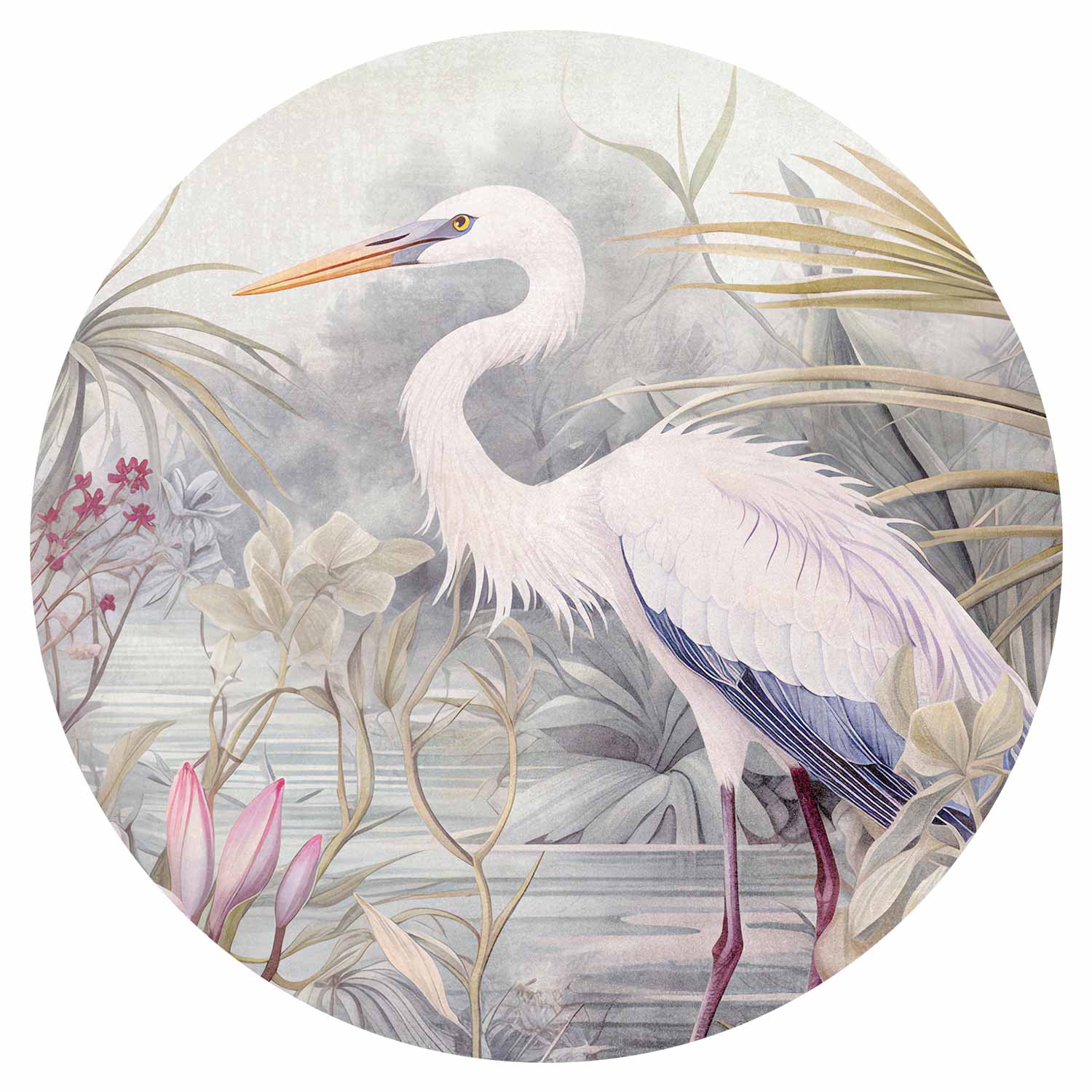 Round Wall Mural - Heron Wading In A Pond - Illustration In Bright Colours