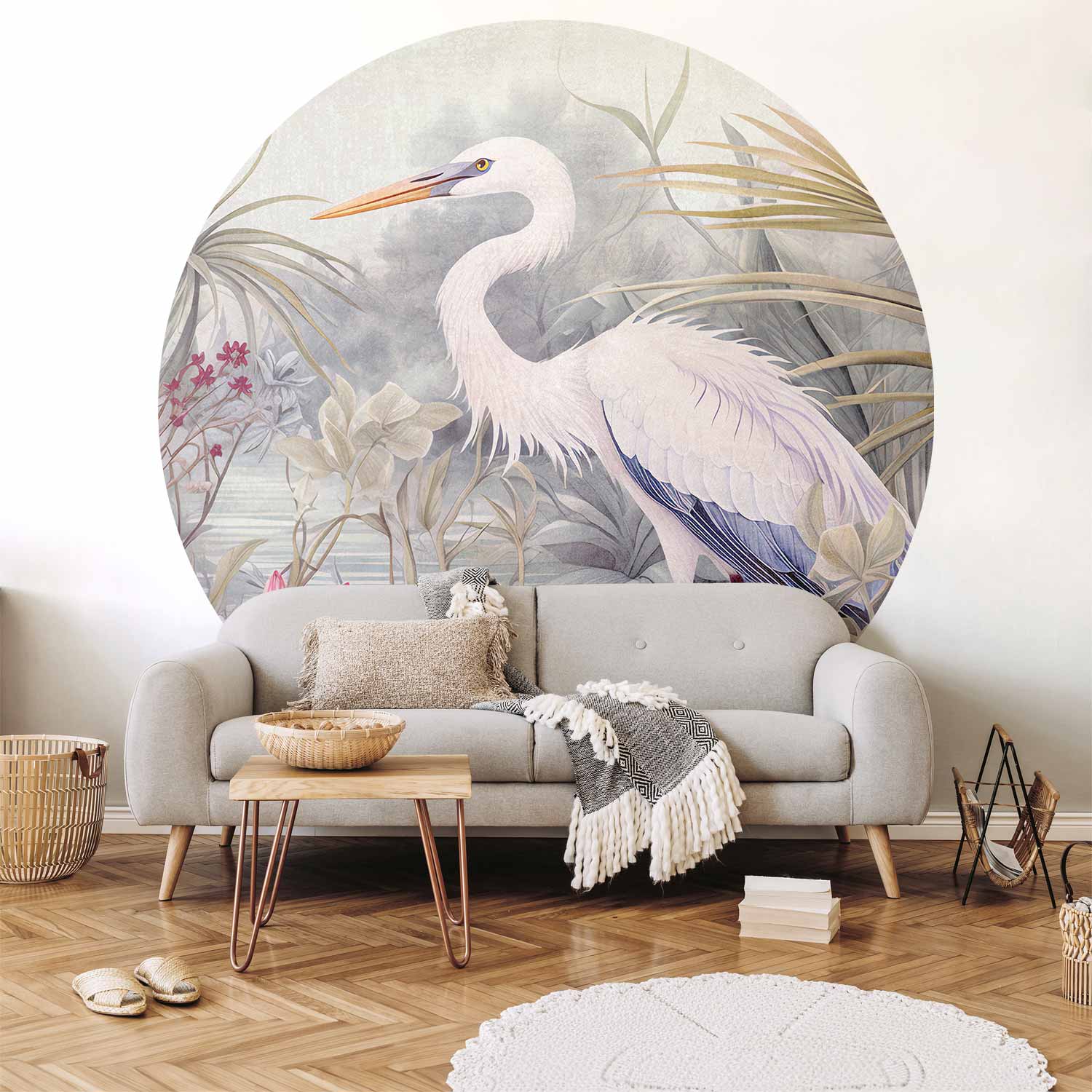 Round Wall Mural - Heron Wading In A Pond - Illustration In Bright Colours