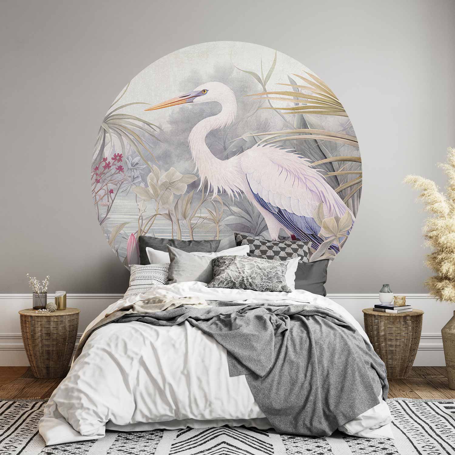 Round Wall Mural - Heron Wading In A Pond - Illustration In Bright Colours