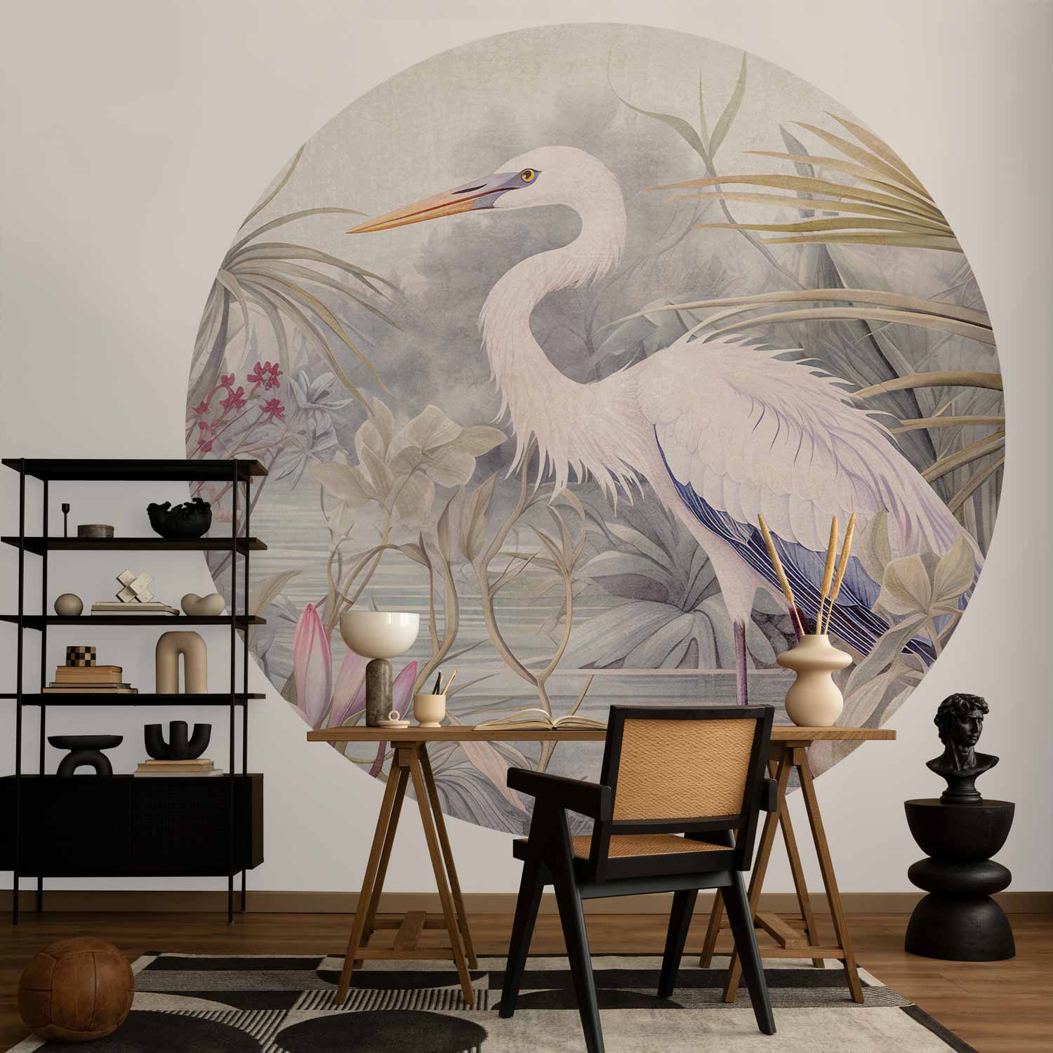 Round Wall Mural - Heron Wading In A Pond - Illustration In Bright Colours