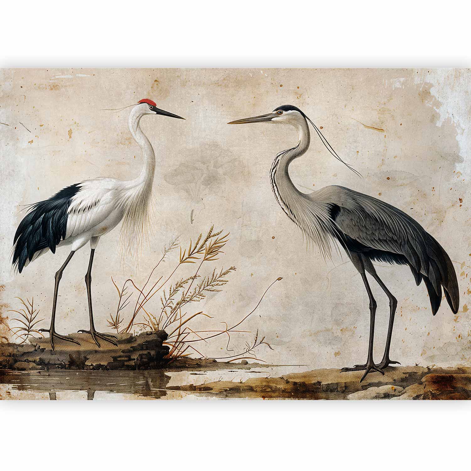 Premium Animal Wall Mural - Birds From An Old Engraving - Vintage-Style Illustration Depicting A Heron And A Crane