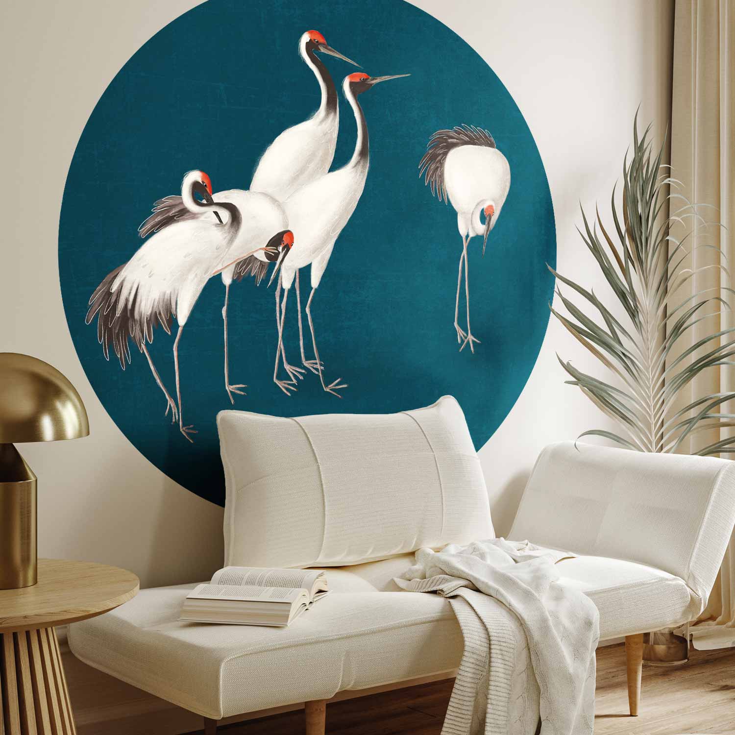 Round Wall Mural - Evening By The Pond - A Group Of Cranes Drawn In Dry Pastel On A Dark Turquoise Background