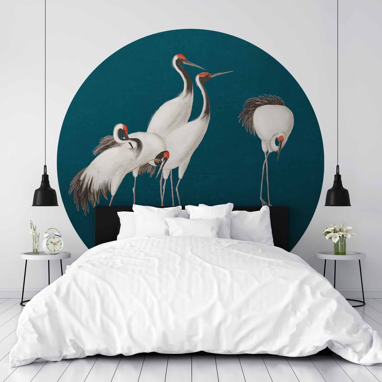 Round Wall Mural - Evening By The Pond - A Group Of Cranes Drawn In Dry Pastel On A Dark Turquoise Background