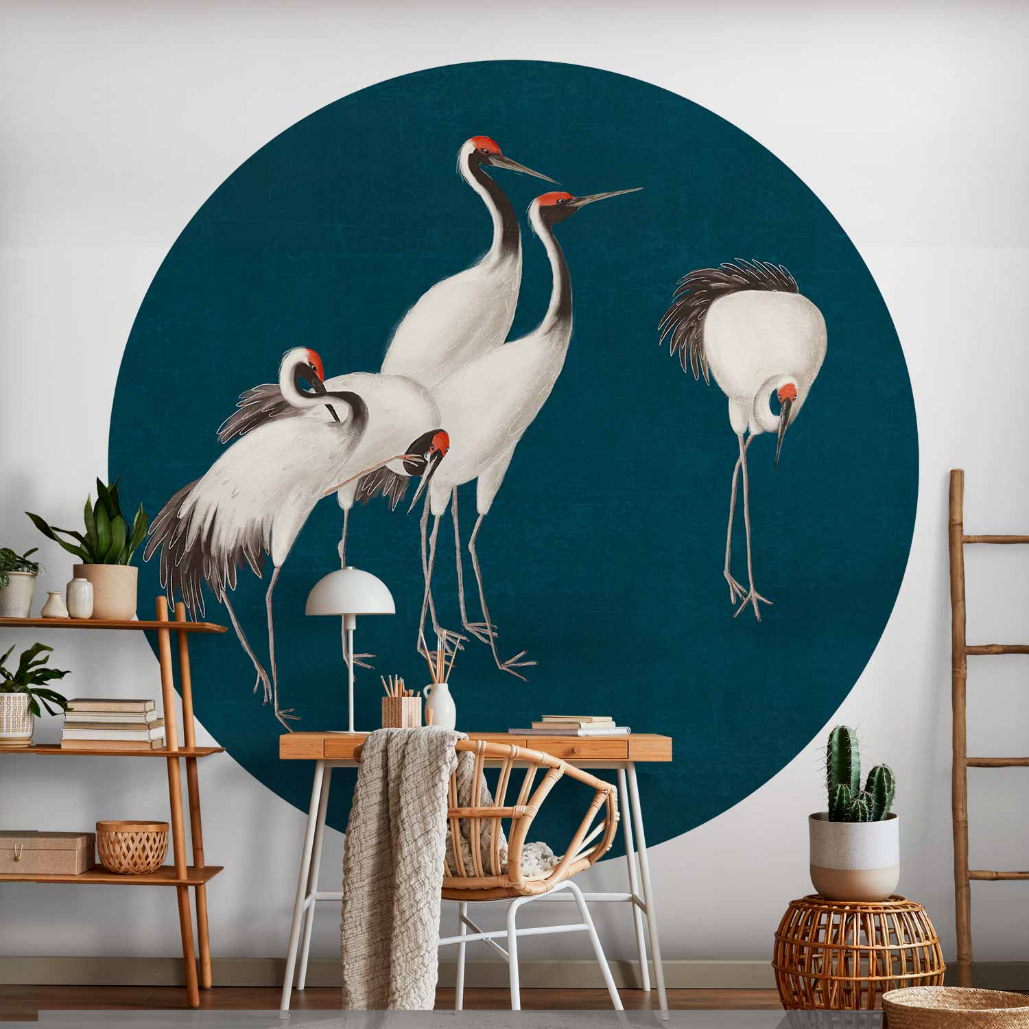 Round Wall Mural - Evening By The Pond - A Group Of Cranes Drawn In Dry Pastel On A Dark Turquoise Background