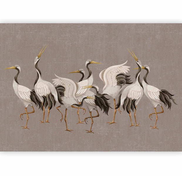 Premium Animal Wall Mural - Crane Dance – Bright Silhouettes Of Birds Against A Warm Grey Background With Texture