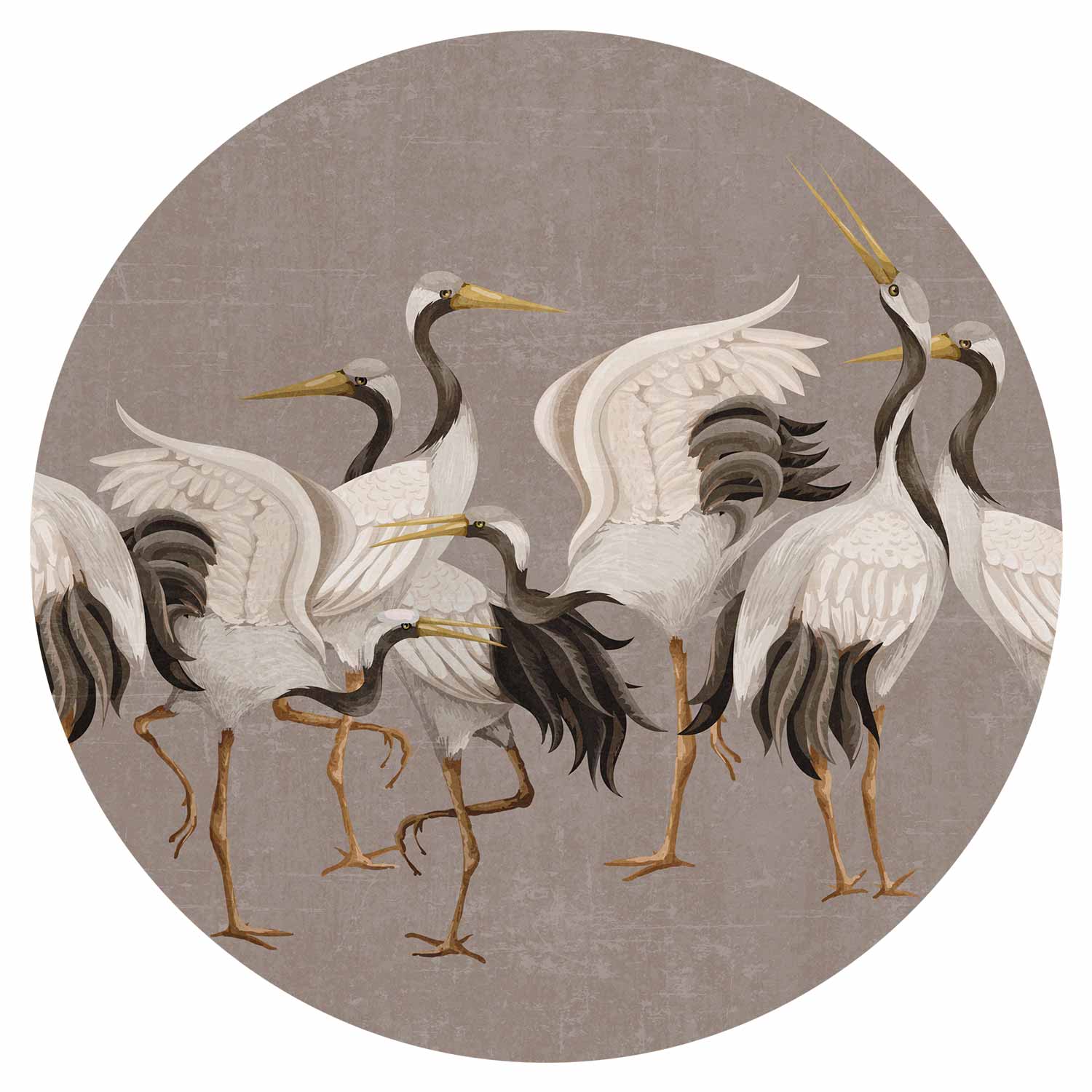 Round Wall Mural - Cranes Dancing - Bright Silhouettes Of Birds On A Warm Grey Background With Texture