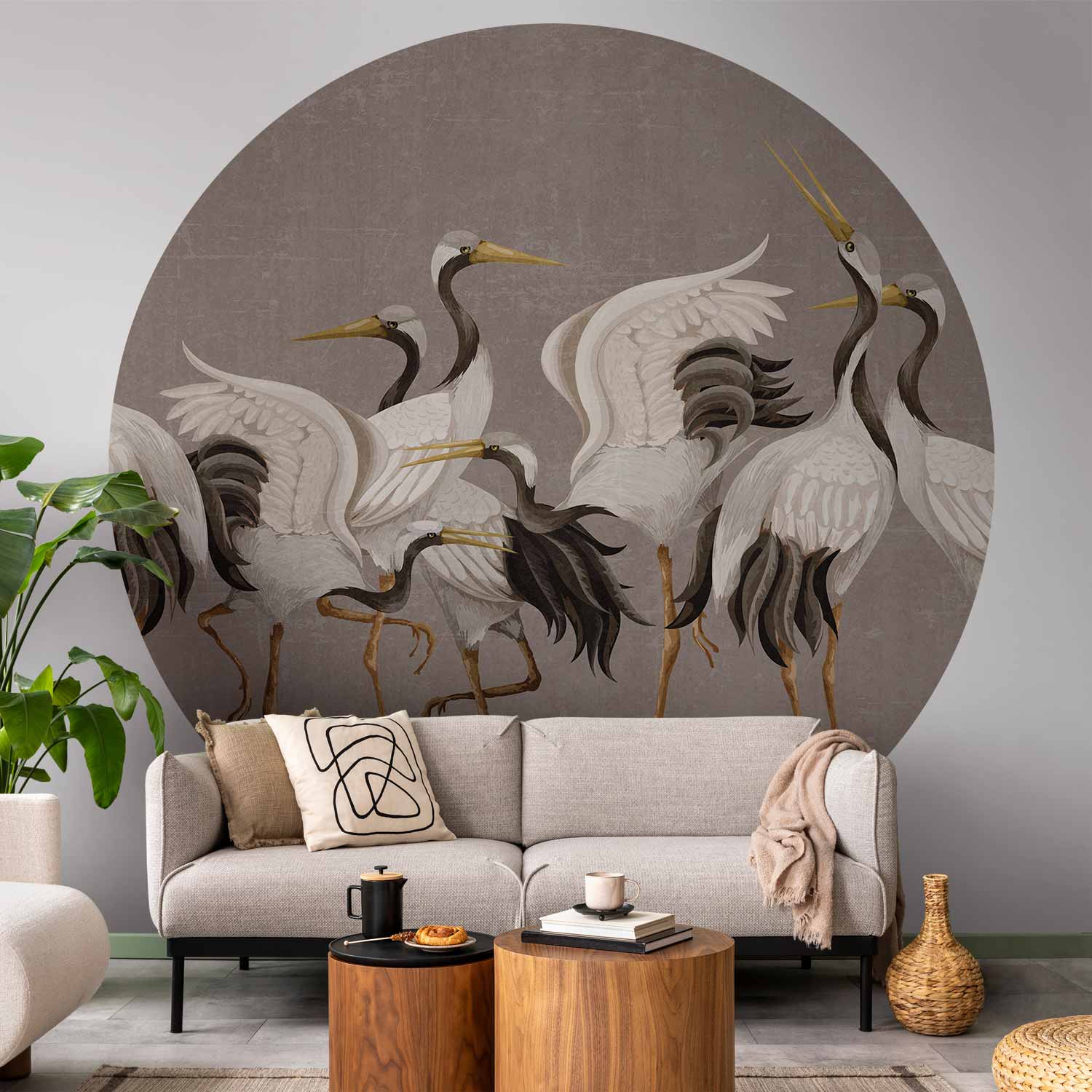 Round Wall Mural - Cranes Dancing - Bright Silhouettes Of Birds On A Warm Grey Background With Texture