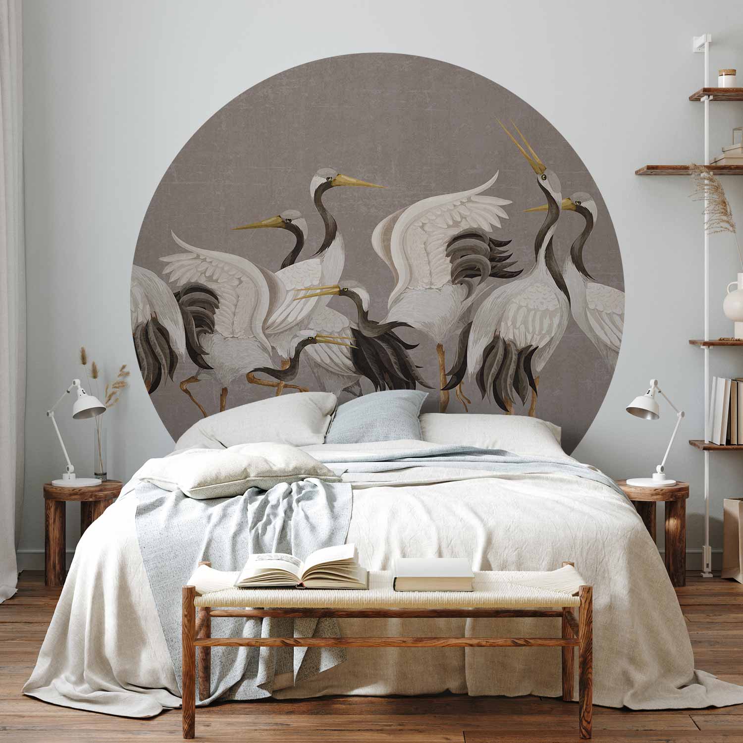 Round Wall Mural - Cranes Dancing - Bright Silhouettes Of Birds On A Warm Grey Background With Texture