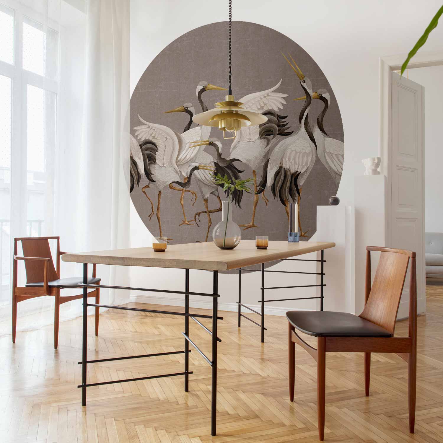 Round Wall Mural - Cranes Dancing - Bright Silhouettes Of Birds On A Warm Grey Background With Texture