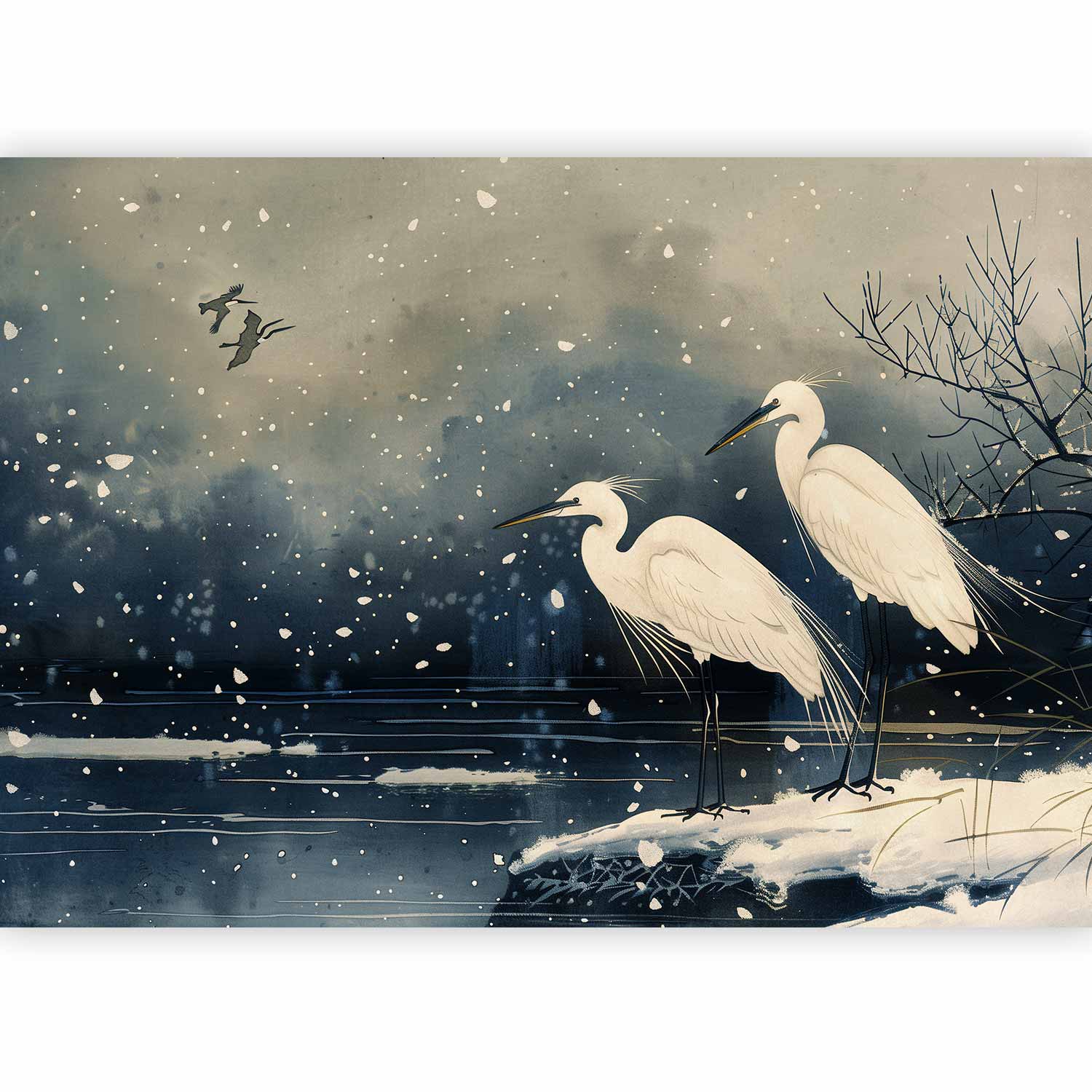 Premium Animal Wall Mural - Herons Over A Winter Pond - Japanese-Style Illustration In Dark Colours