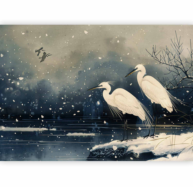 Premium Animal Wall Mural - Herons Over A Winter Pond - Japanese-Style Illustration In Dark Colours