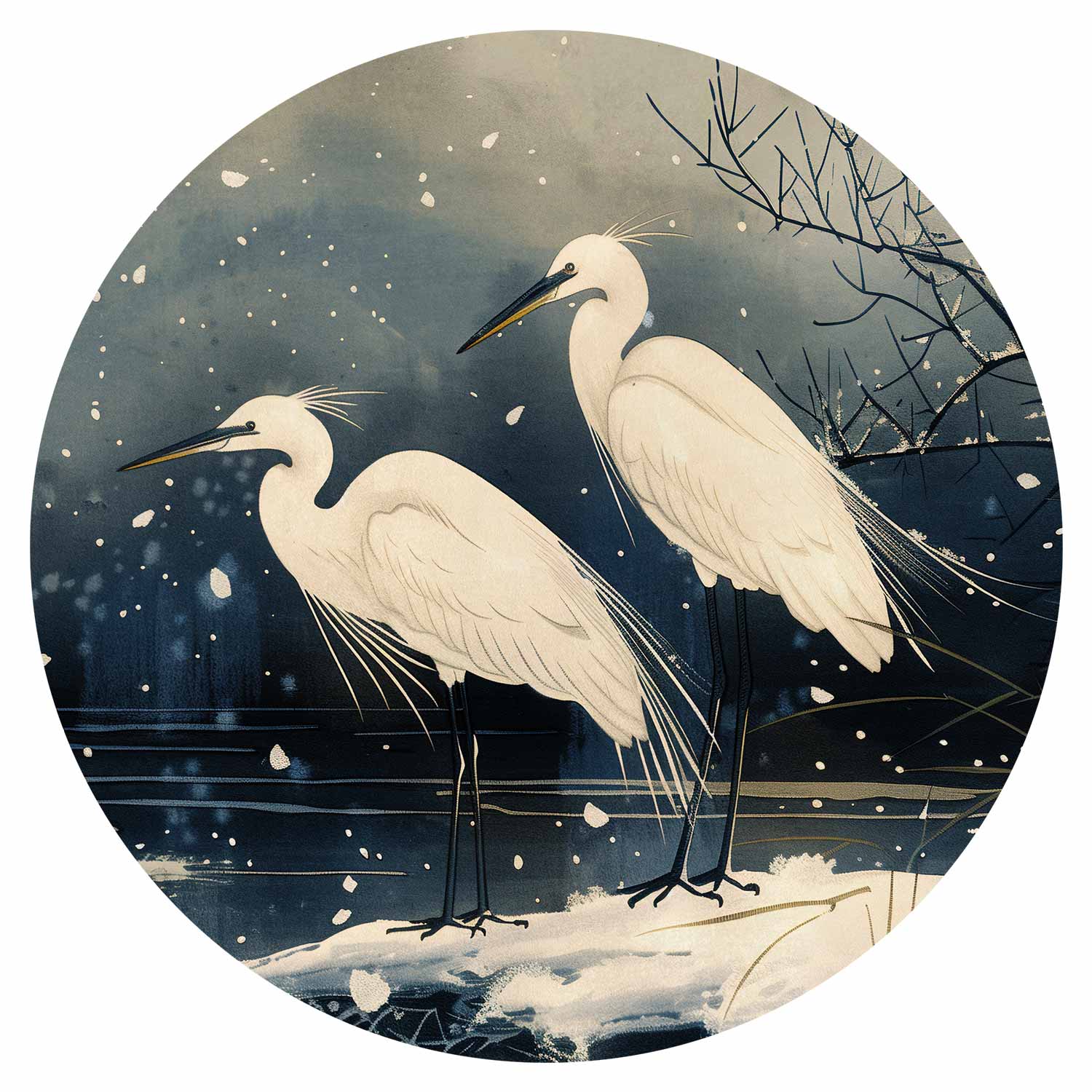Round Wall Mural - Herons Over A Winter Pond - Japanese-Style Illustration In Dark Colours