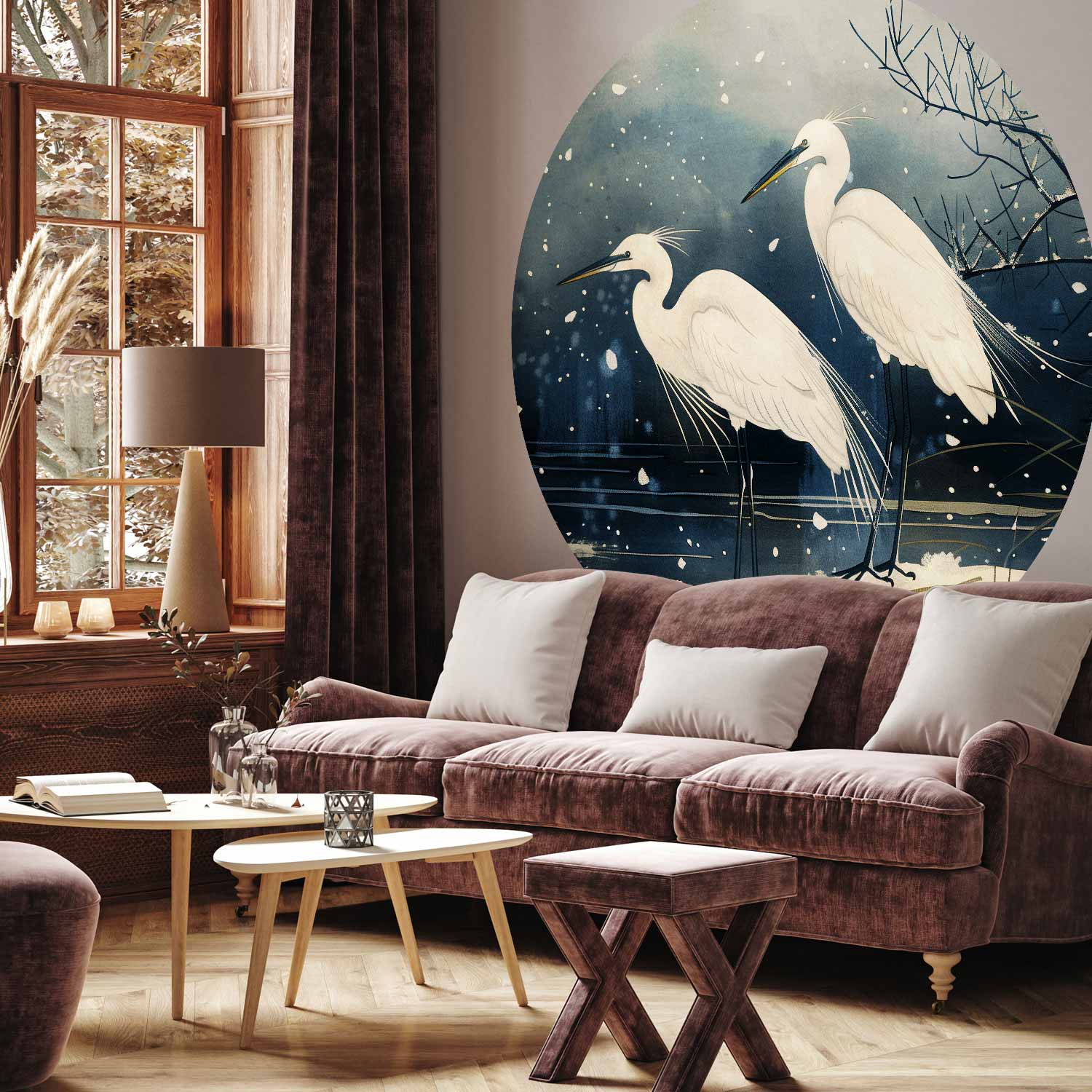 Round Wall Mural - Herons Over A Winter Pond - Japanese-Style Illustration In Dark Colours