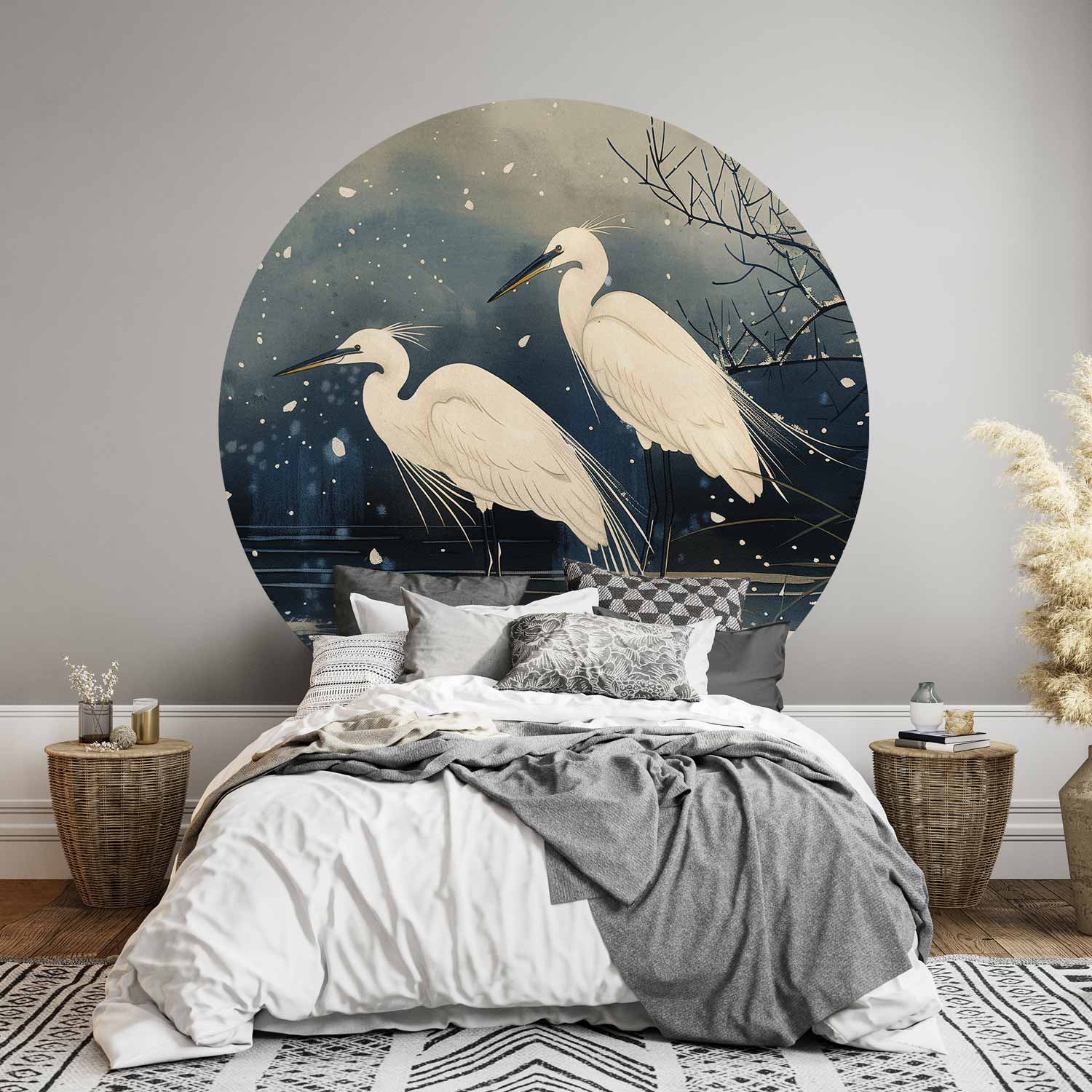 Round Wall Mural - Herons Over A Winter Pond - Japanese-Style Illustration In Dark Colours