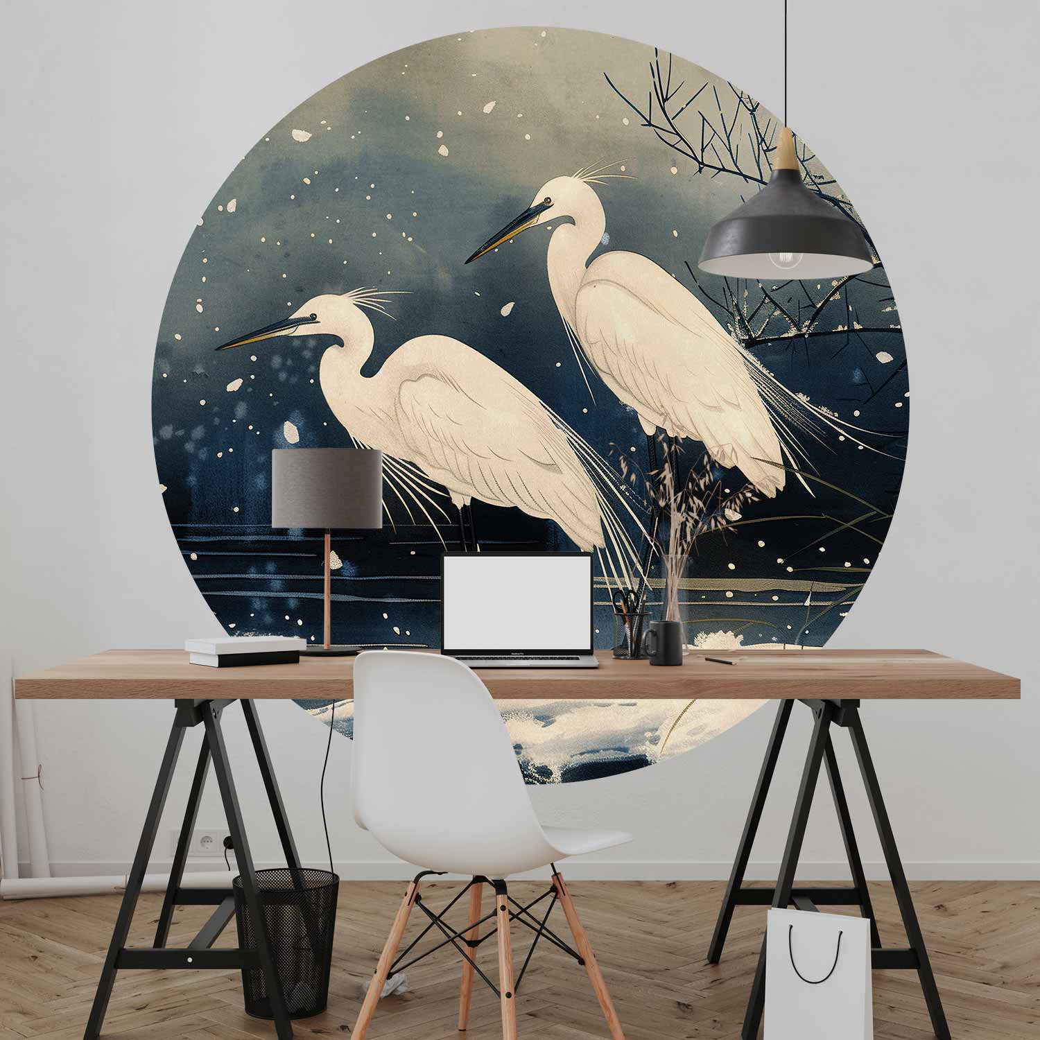 Round Wall Mural - Herons Over A Winter Pond - Japanese-Style Illustration In Dark Colours
