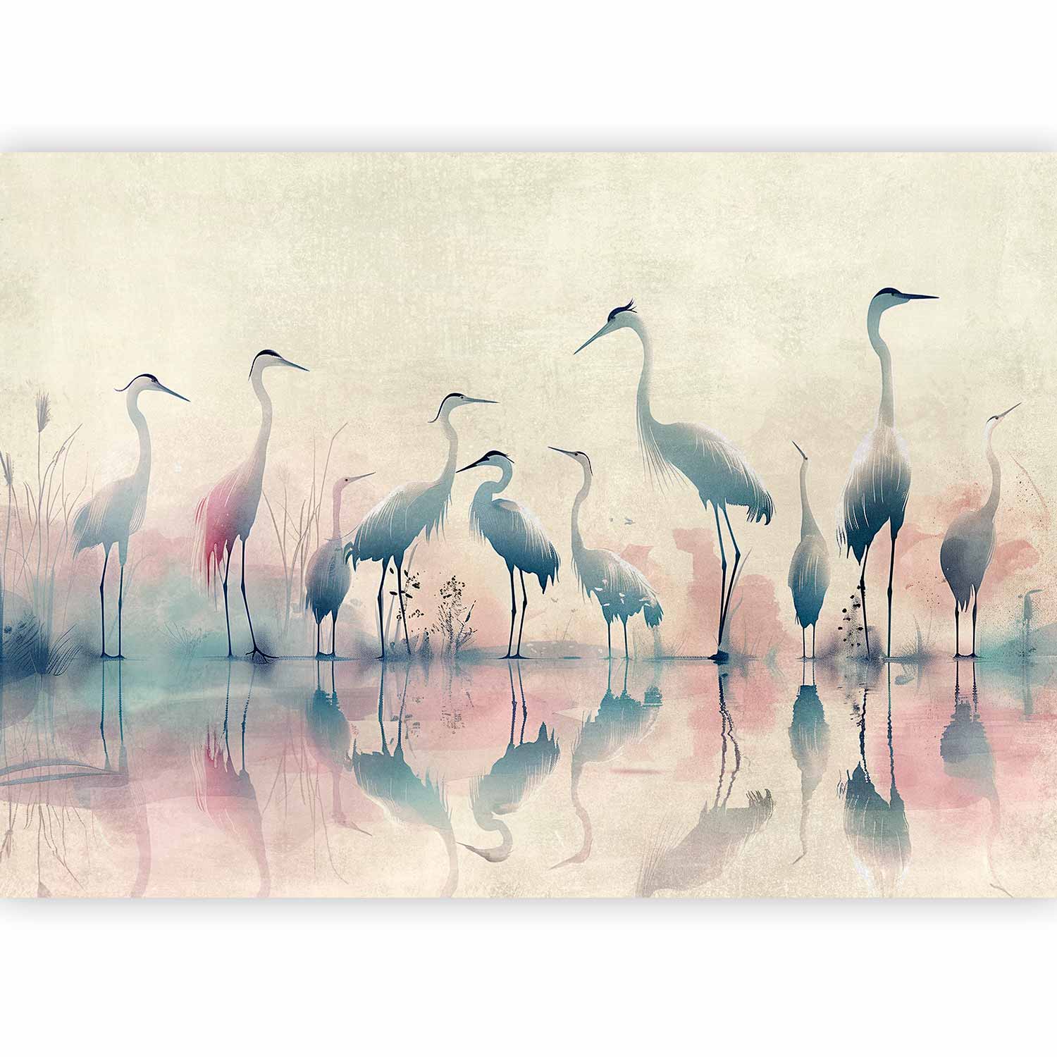 Premium Animal Wall Mural - Birds By The Lake - Herons Painted In Watercolour In Delicate Grey And Pink Colours
