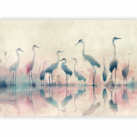 Premium Animal Wall Mural - Birds By The Lake - Herons Painted In Watercolour In Delicate Grey And Pink Colours