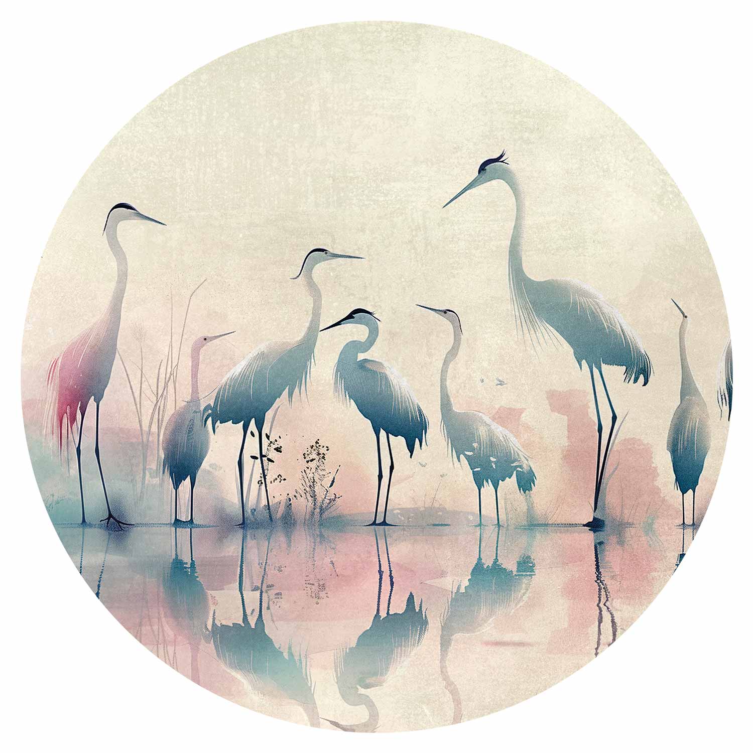 Round Wall Mural - Birds By The Lake - Herons Painted In Watercolours In Delicate Grey And Pink Colours