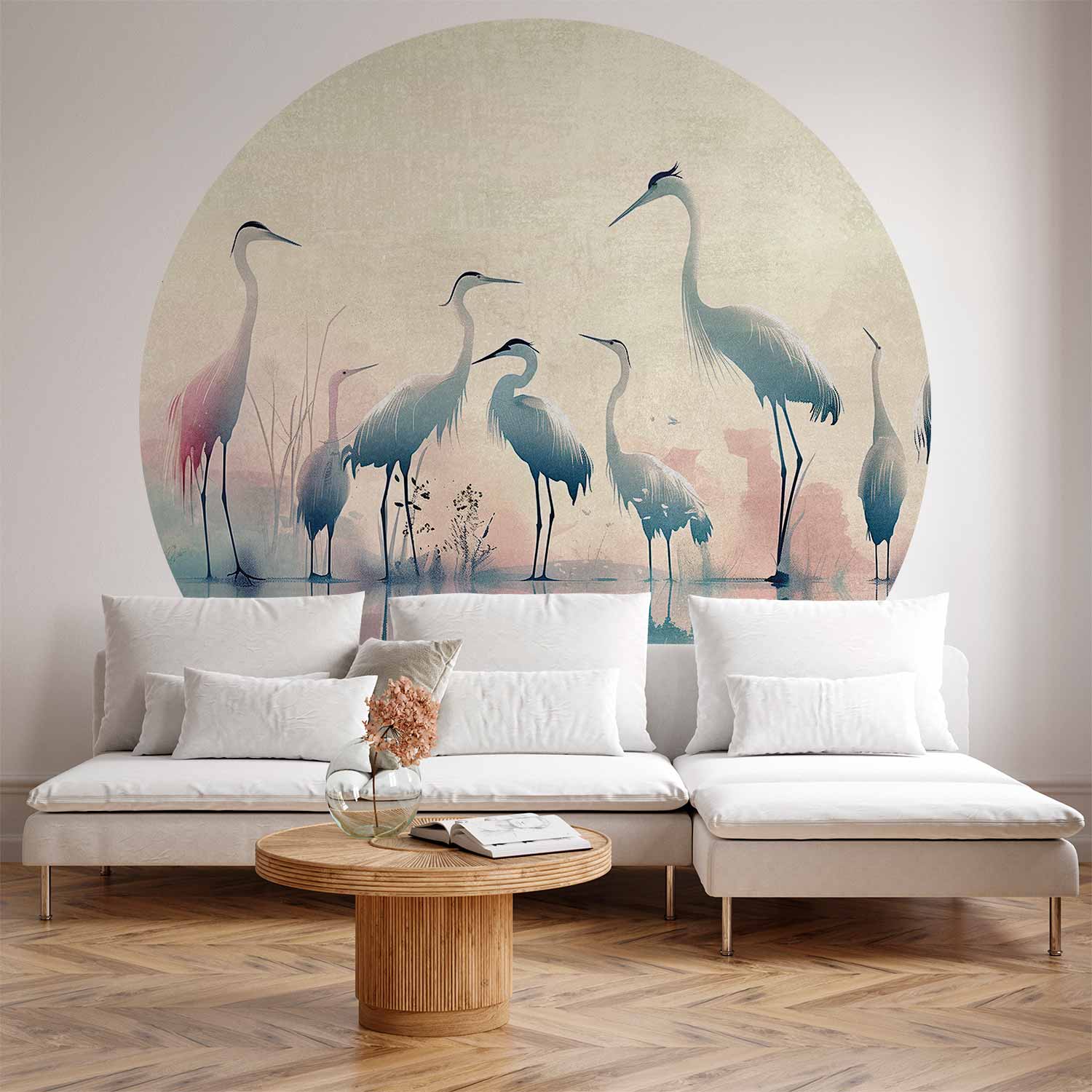 Round Wall Mural - Birds By The Lake - Herons Painted In Watercolours In Delicate Grey And Pink Colours