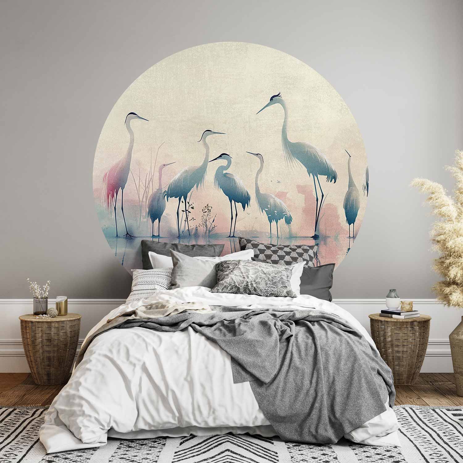 Round Wall Mural - Birds By The Lake - Herons Painted In Watercolours In Delicate Grey And Pink Colours