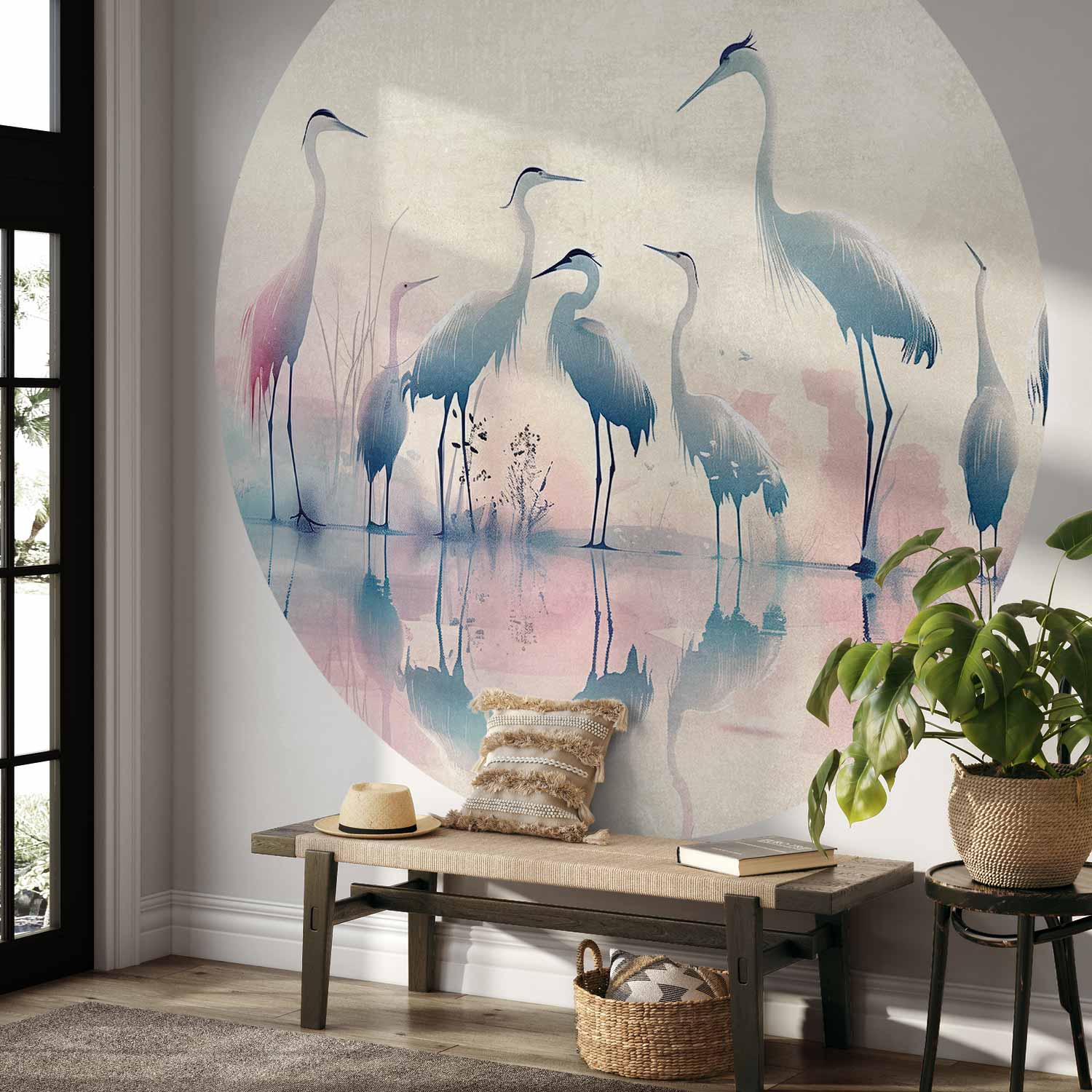 Round Wall Mural - Birds By The Lake - Herons Painted In Watercolours In Delicate Grey And Pink Colours