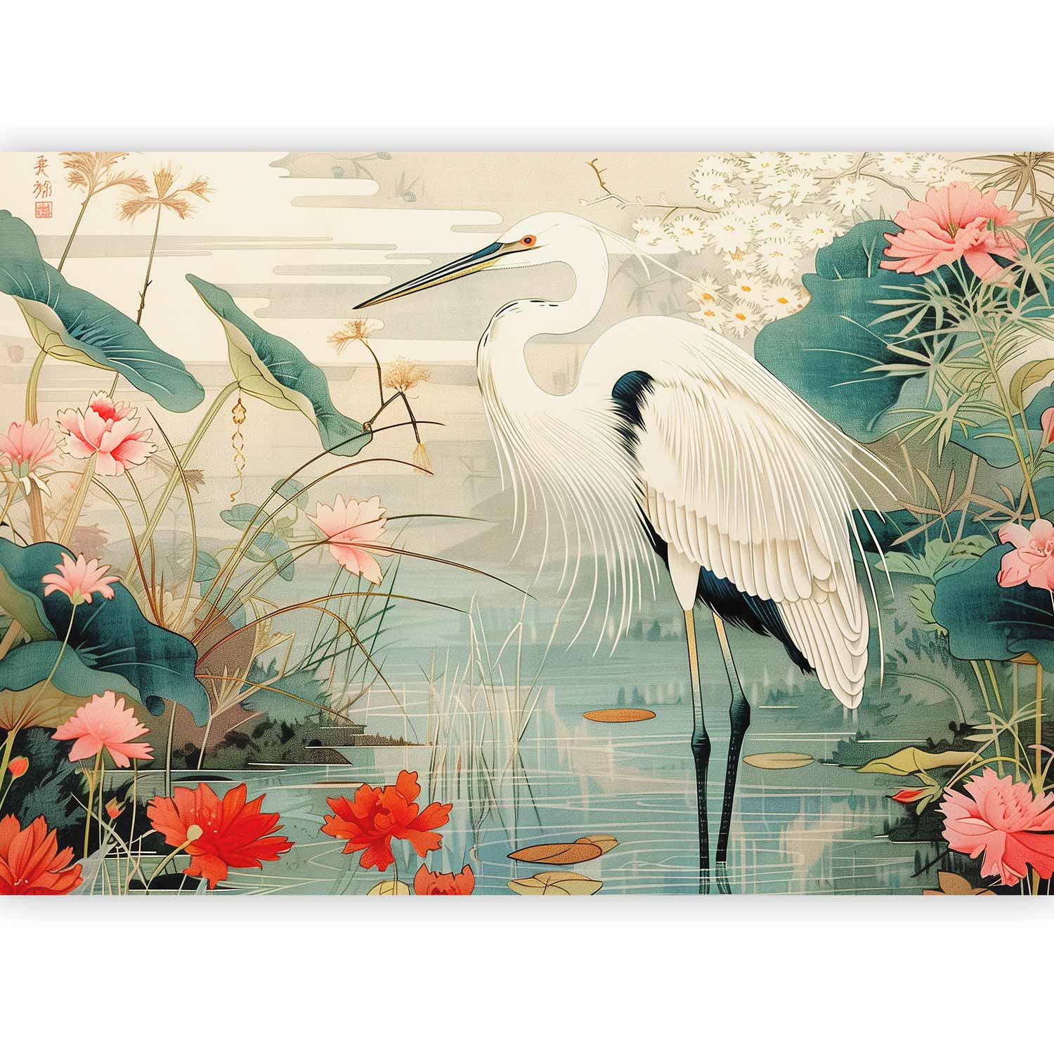 Premium Animal Wall Mural - By An Asian Pond - An Illustration In The Style Of A Japanese Engraving, Depicting A Heron