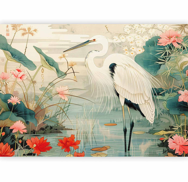 Premium Animal Wall Mural - By An Asian Pond - An Illustration In The Style Of A Japanese Engraving, Depicting A Heron