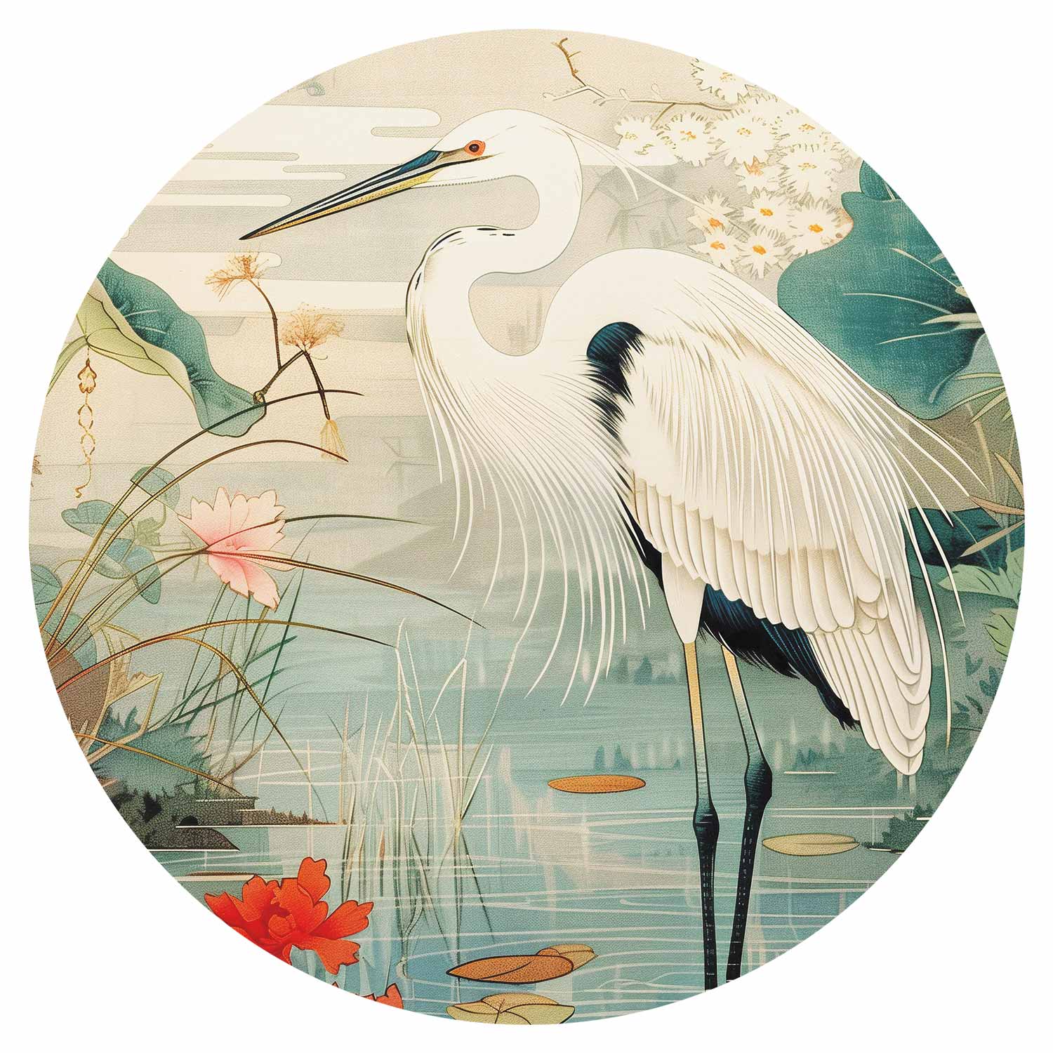 Round Wall Mural - By An Asian Pond - An Illustration In The Style Of A Japanese Engraving, Depicting A Heron