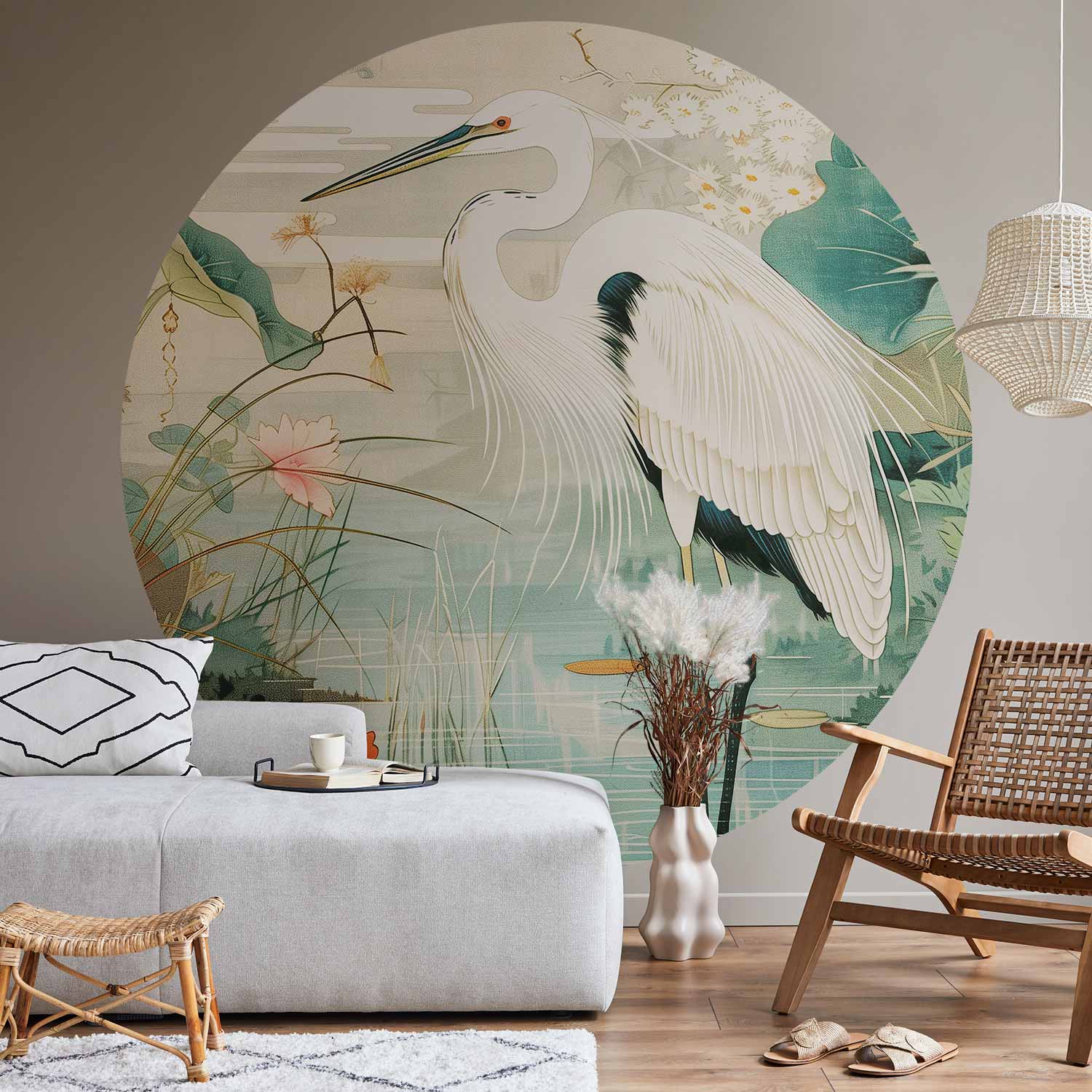Round Wall Mural - By An Asian Pond - An Illustration In The Style Of A Japanese Engraving, Depicting A Heron