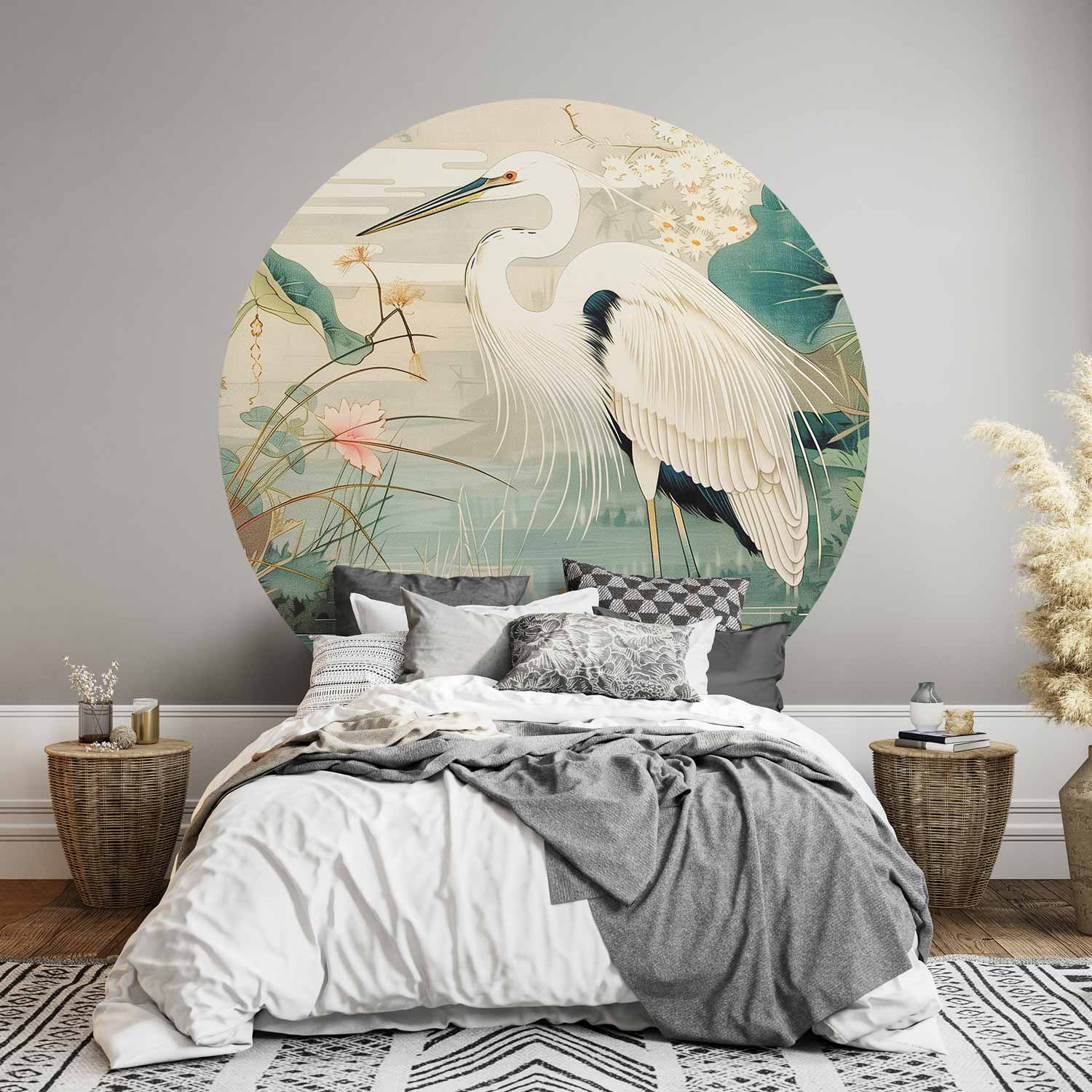 Round Wall Mural - By An Asian Pond - An Illustration In The Style Of A Japanese Engraving, Depicting A Heron