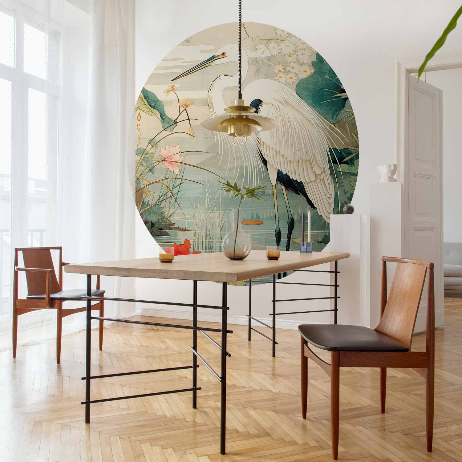Round Wall Mural - By An Asian Pond - An Illustration In The Style Of A Japanese Engraving, Depicting A Heron